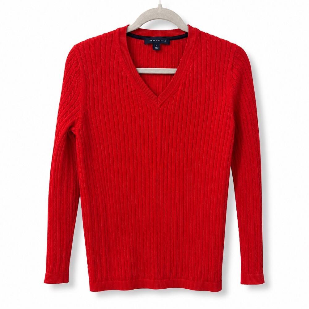 Tommy Hilfiger Red Cable Knit V-Neck Sweater Women’s Medium Classic Cotton - Picture 1 of 8